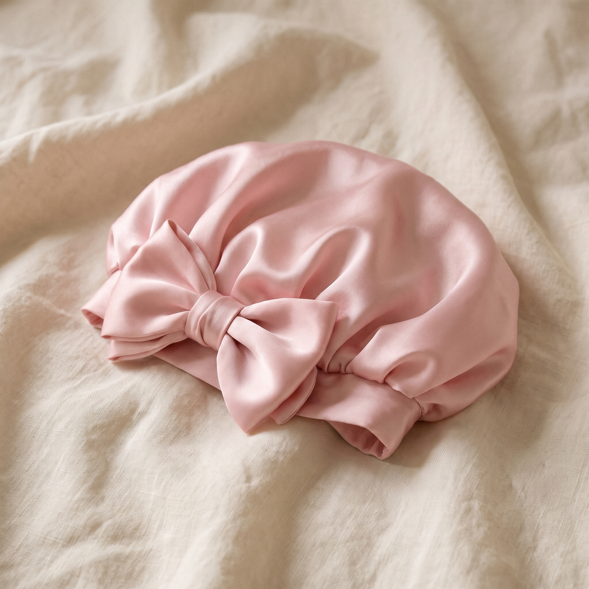 Moonspot silk sleep bonnet resting on cream linen