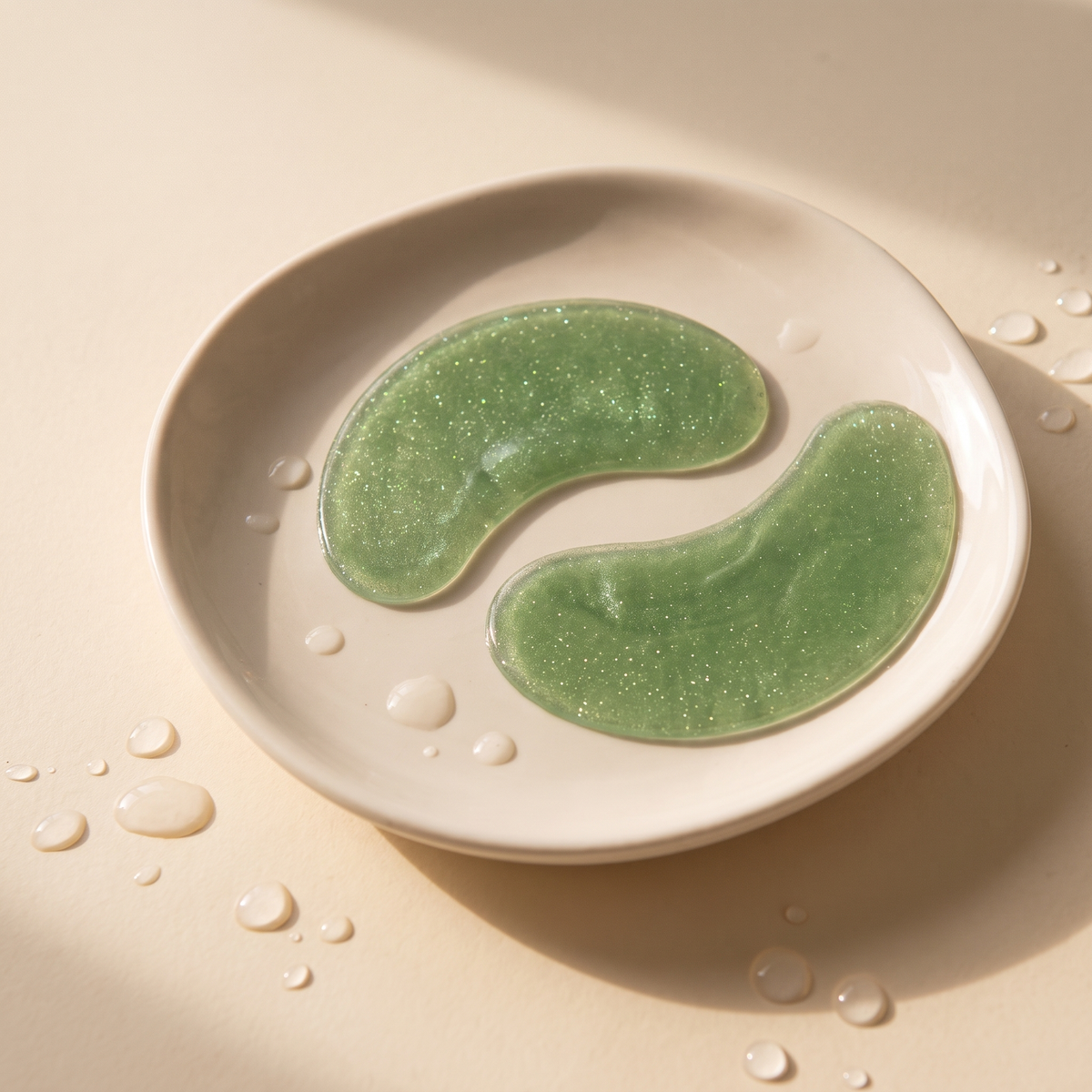 Moonspot hydrogel eye patches on a pale ceramic dish