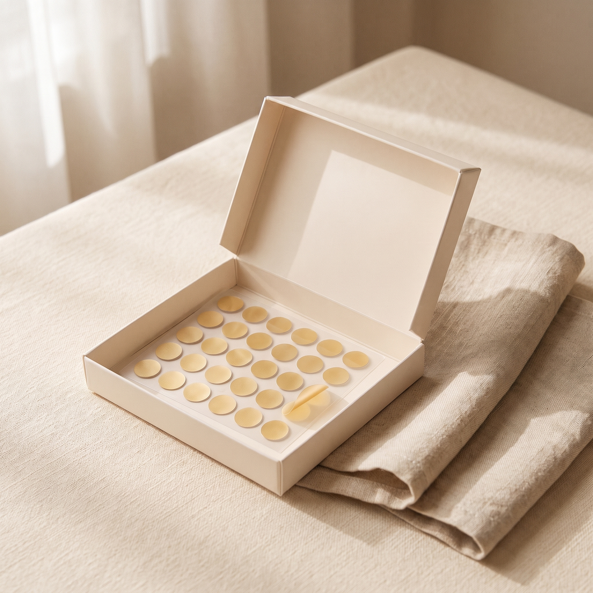 Moonspot clarity dots patch box open on cream linen