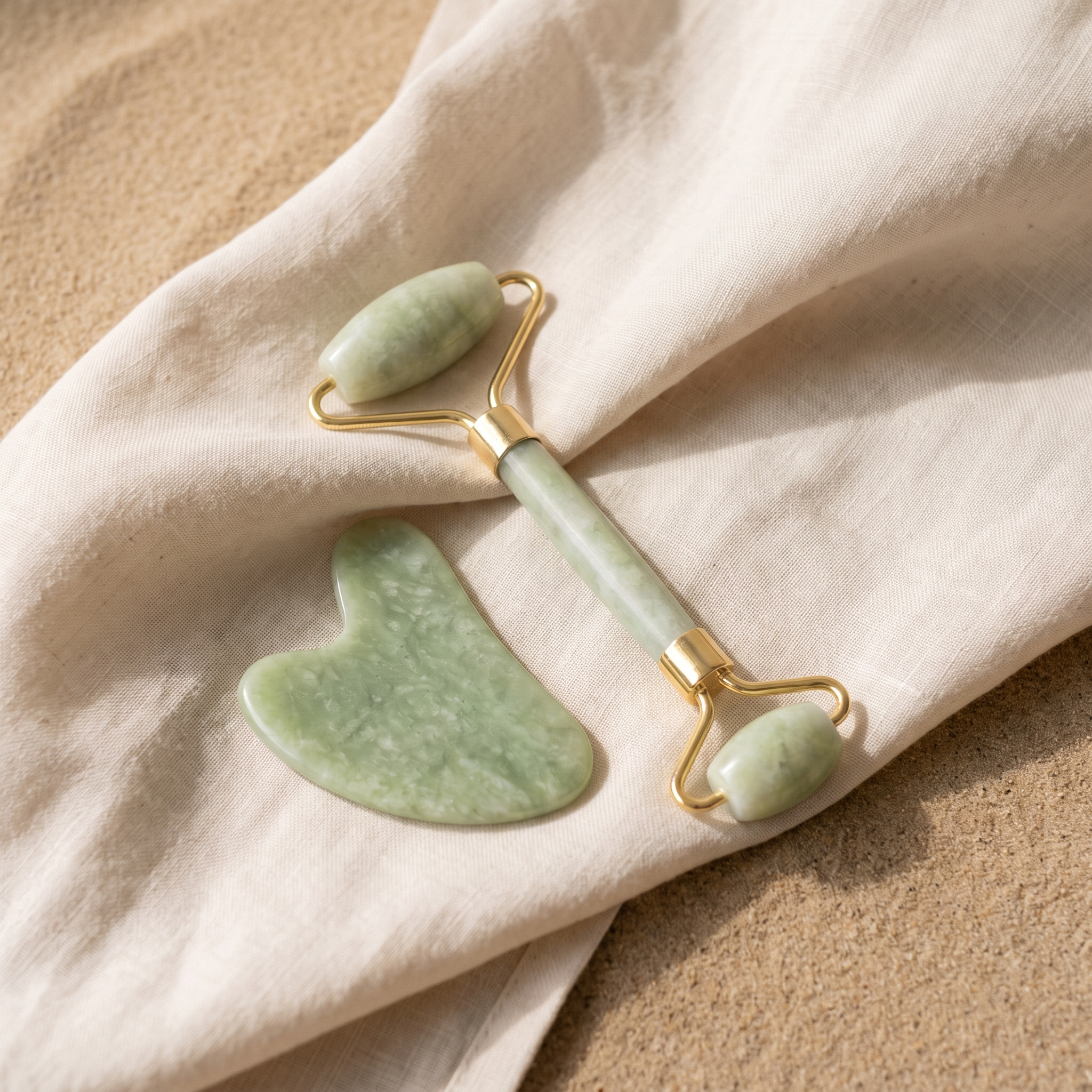 Moonspot jade roller and gua sha on folded cream linen