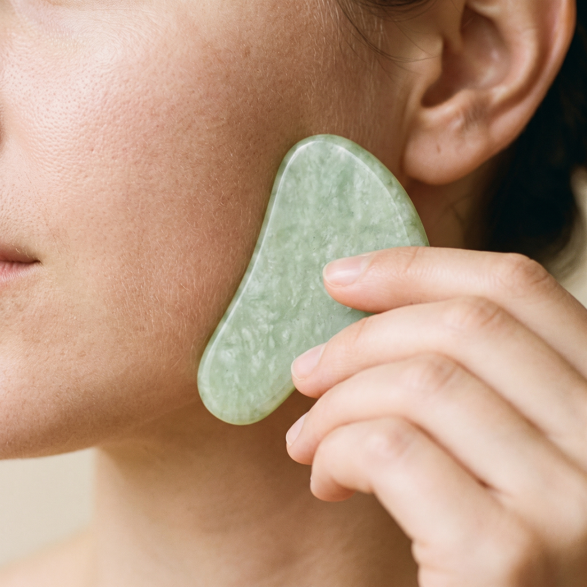 Gua sha stone swept along the jawline