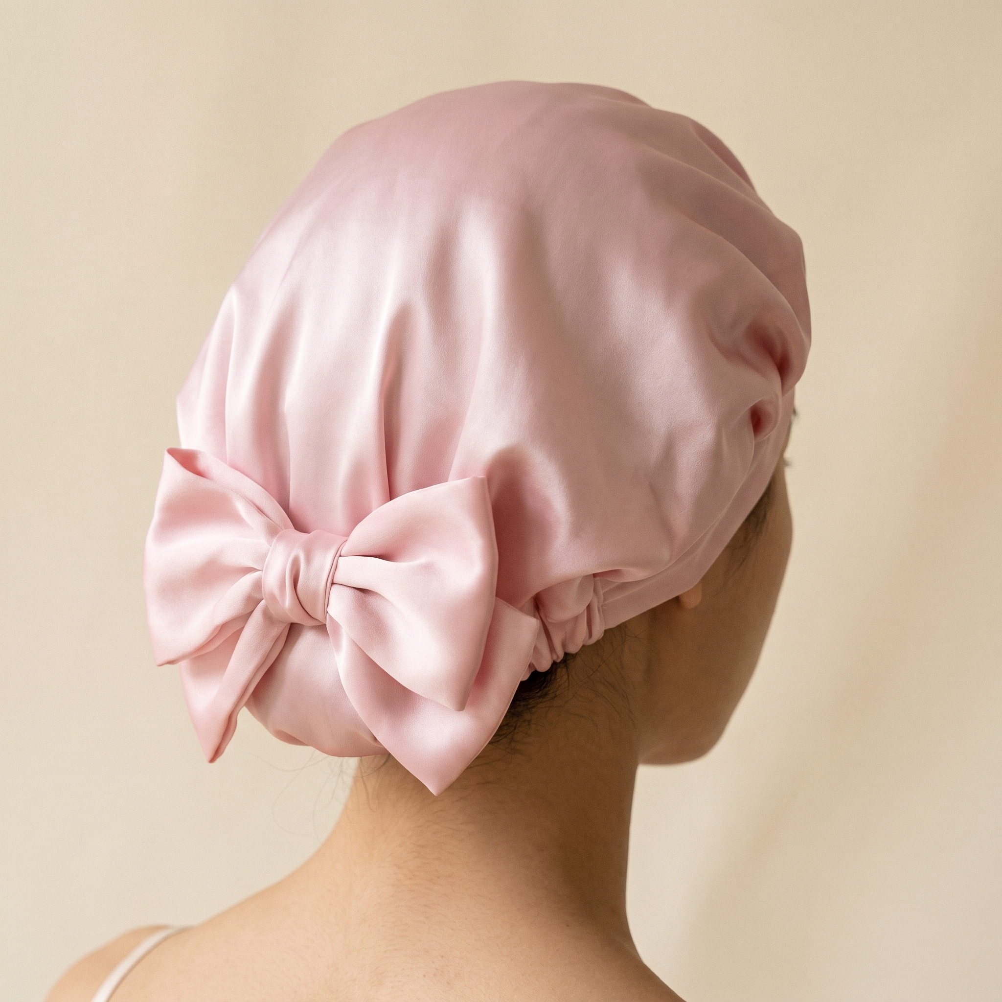 Silk sleep bonnet worn, seen from behind