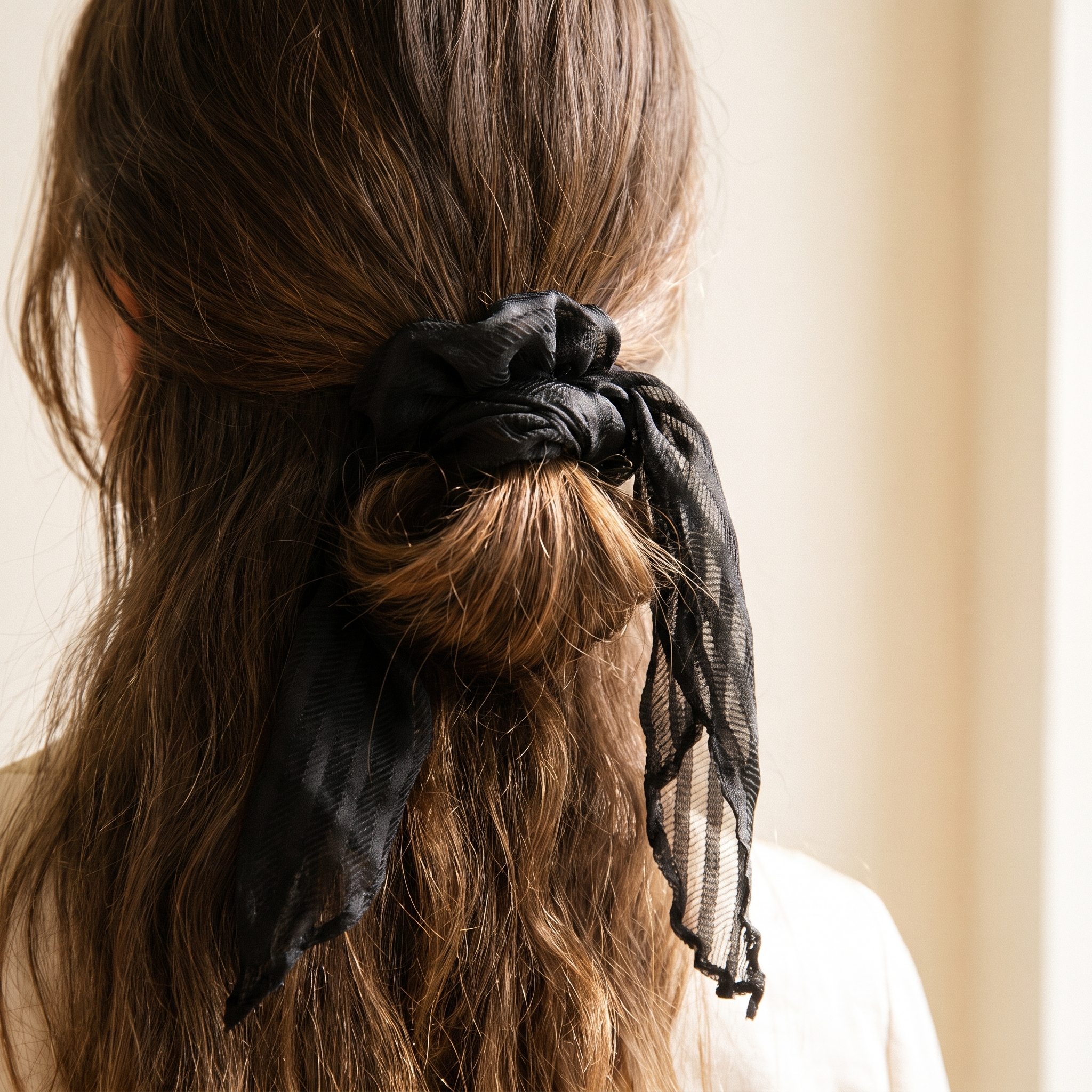 Silk scrunchie holding a loose low bun